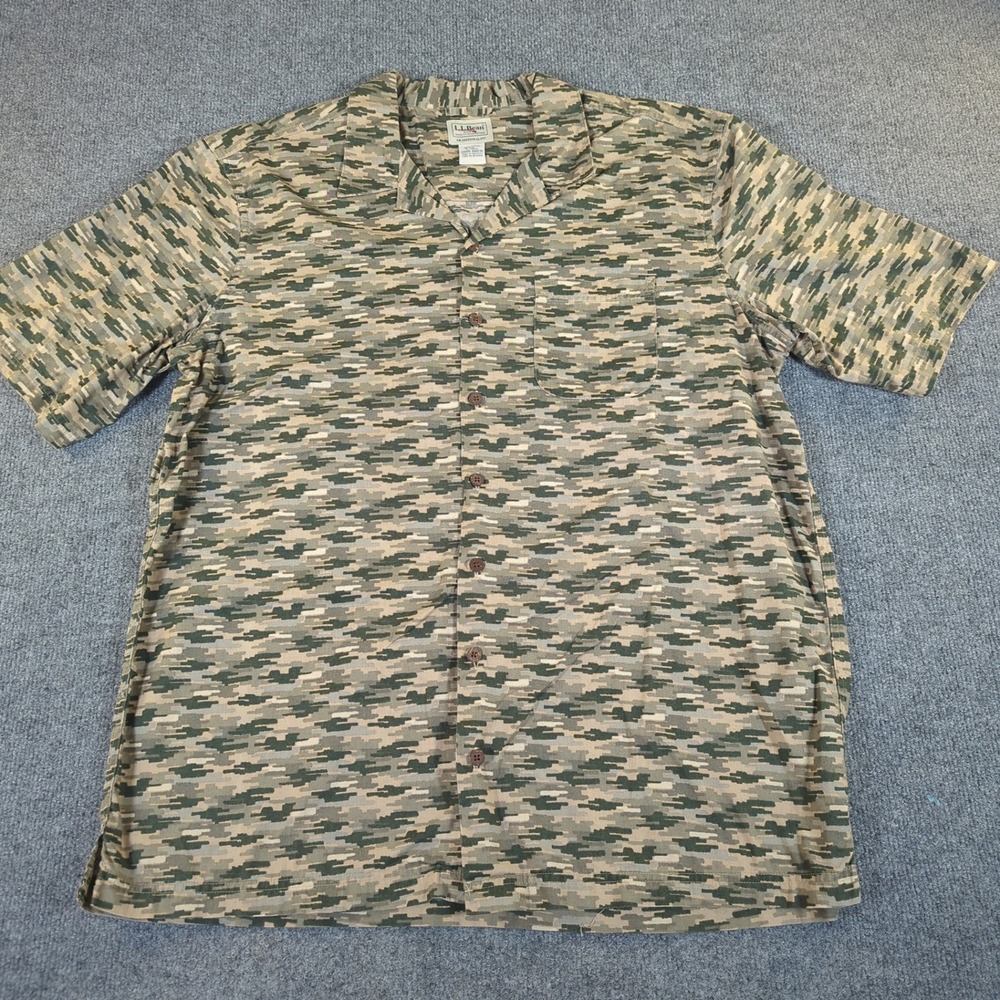 LL‎ Bean Mens L Tall Traditional Fit Cotton Camp Shirt Camo Print 300230